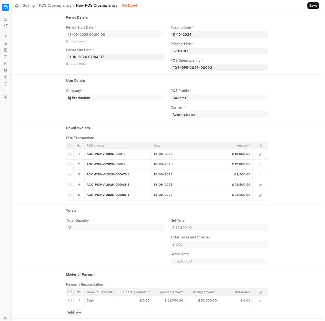 POS Closing Entry with linked POS invoices and payment reconciliation in ERPNext v16