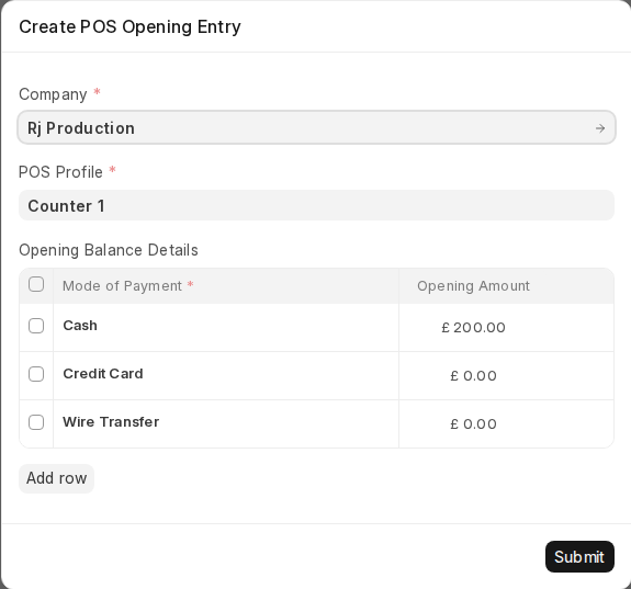 Create POS Opening Entry dialog with company, POS profile and opening amounts in ERPNext v16