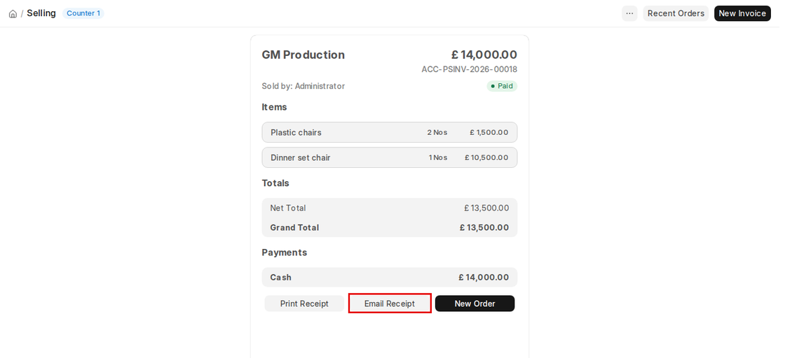 Completed POS order with Print Receipt, Email Receipt and New Order in ERPNext v16