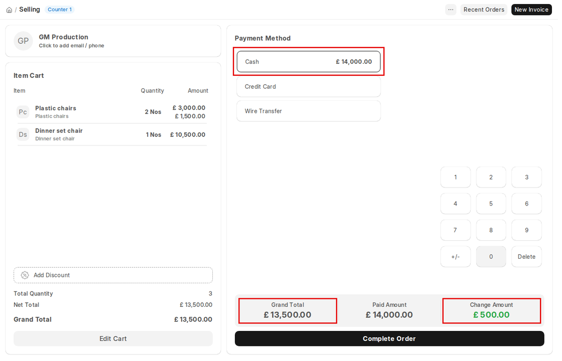 POS payment with cash amount, grand total and change amount in ERPNext v16