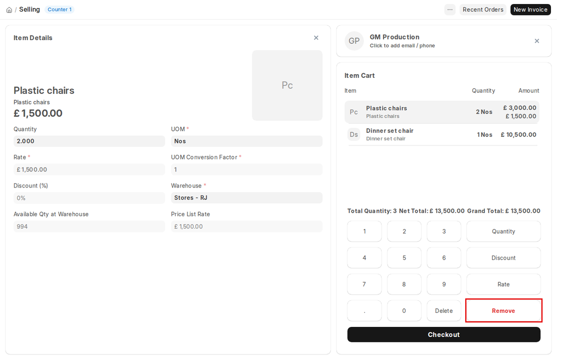 Item Details panel with the Remove button on the POS numpad in ERPNext v16