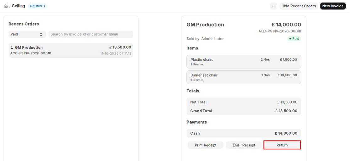Return button on a paid order in POS Recent Orders in ERPNext v16