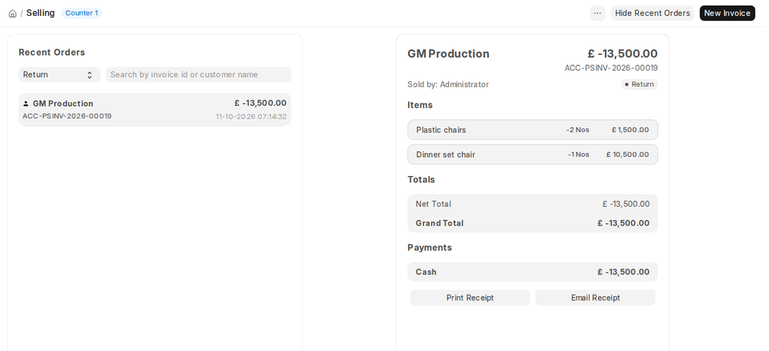POS Recent Orders filtered by Return showing a return invoice in ERPNext v16