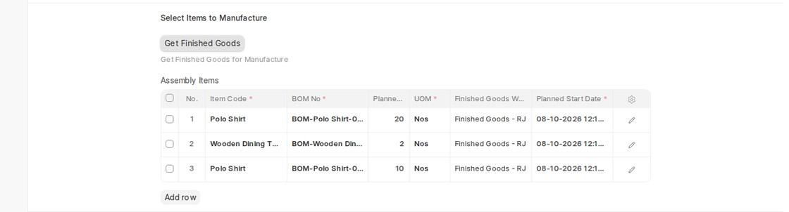 Assembly Items fetched with Get Finished Goods in a Production Plan in ERPNext v16