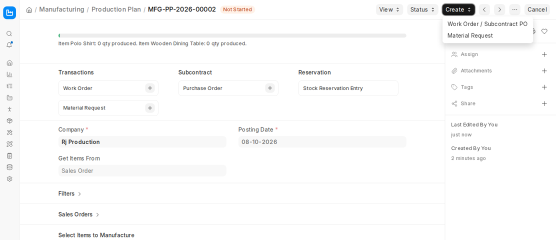 Create menu with Work Order / Subcontract PO and Material Request on a submitted Production Plan in ERPNext v16