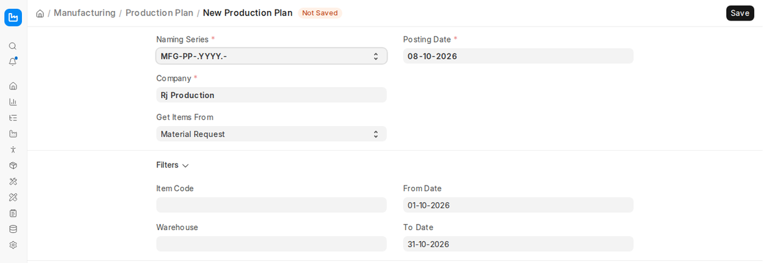 Production Plan with Get Items From Material Request and filters in ERPNext v16