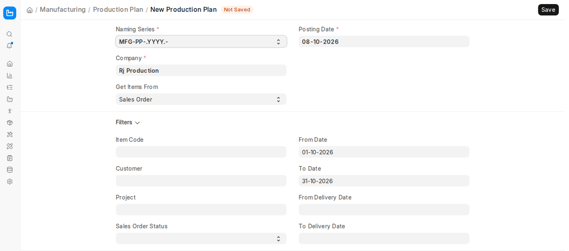 New Production Plan with Get Items From Sales Order and filters in ERPNext v16