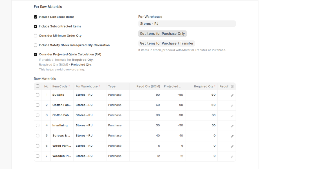For Raw Materials options and Raw Materials table in a Production Plan in ERPNext v16
