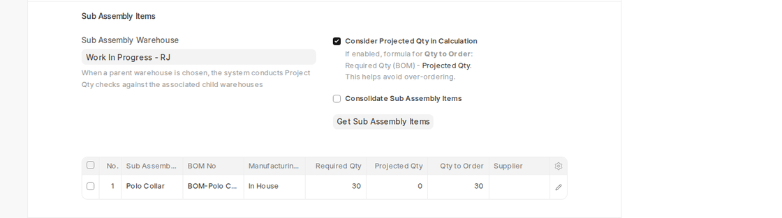 Sub Assembly Items section with Get Sub Assembly Items in a Production Plan in ERPNext v16
