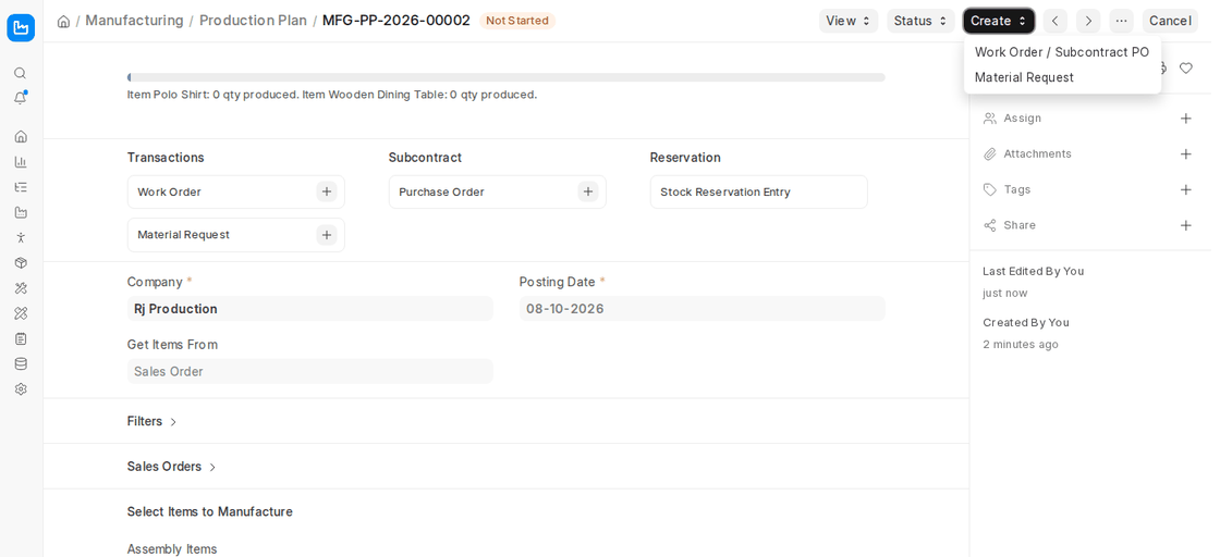 Creating Work Orders for finished goods and sub-assemblies from a Production Plan in ERPNext v16