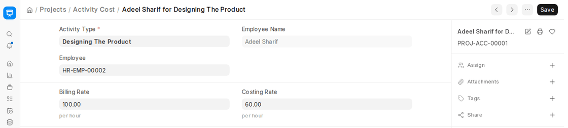ERPNext v16 Activity Cost with billing rate and costing rate per hour for an employee and activity type