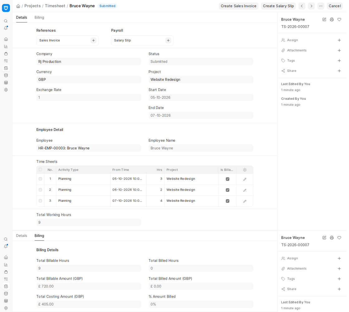 ERPNext v16 Timesheet with three time log rows and the Billing tab showing total billable and costing amounts