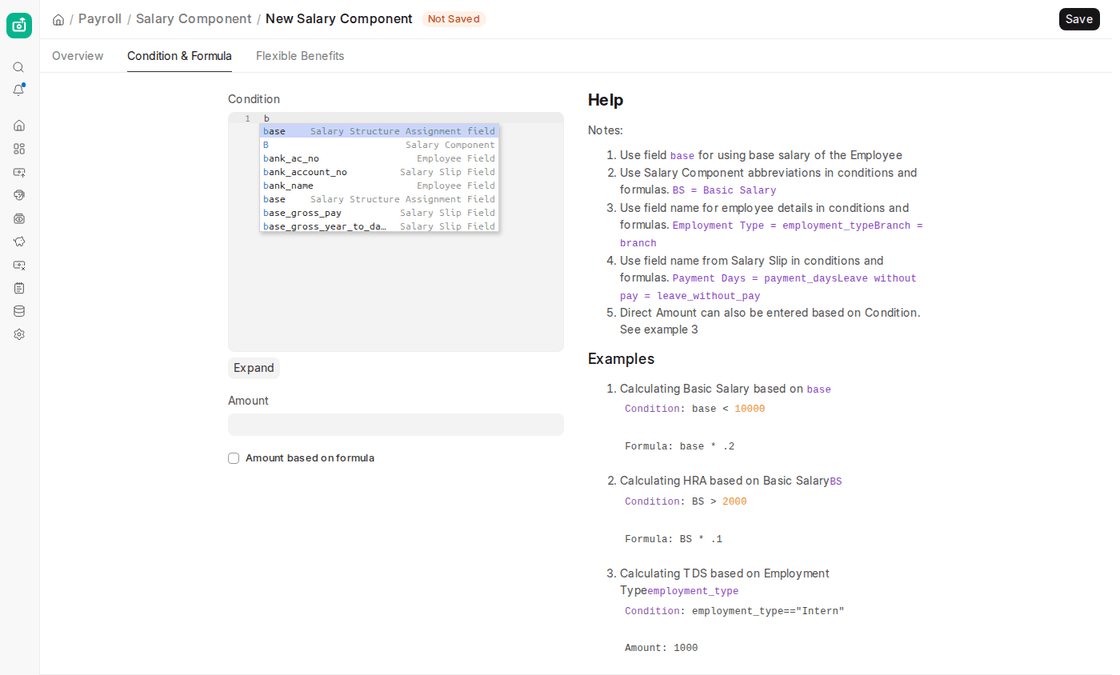 Condition and Formula tab of a Salary Component in ERPNext v16 with field autocomplete and the formula help panel