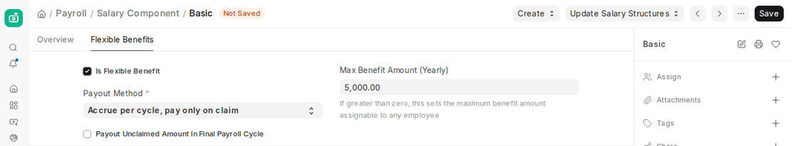 Flexible Benefits tab in ERPNext v16 with Payout Method and Max Benefit Amount (Yearly)