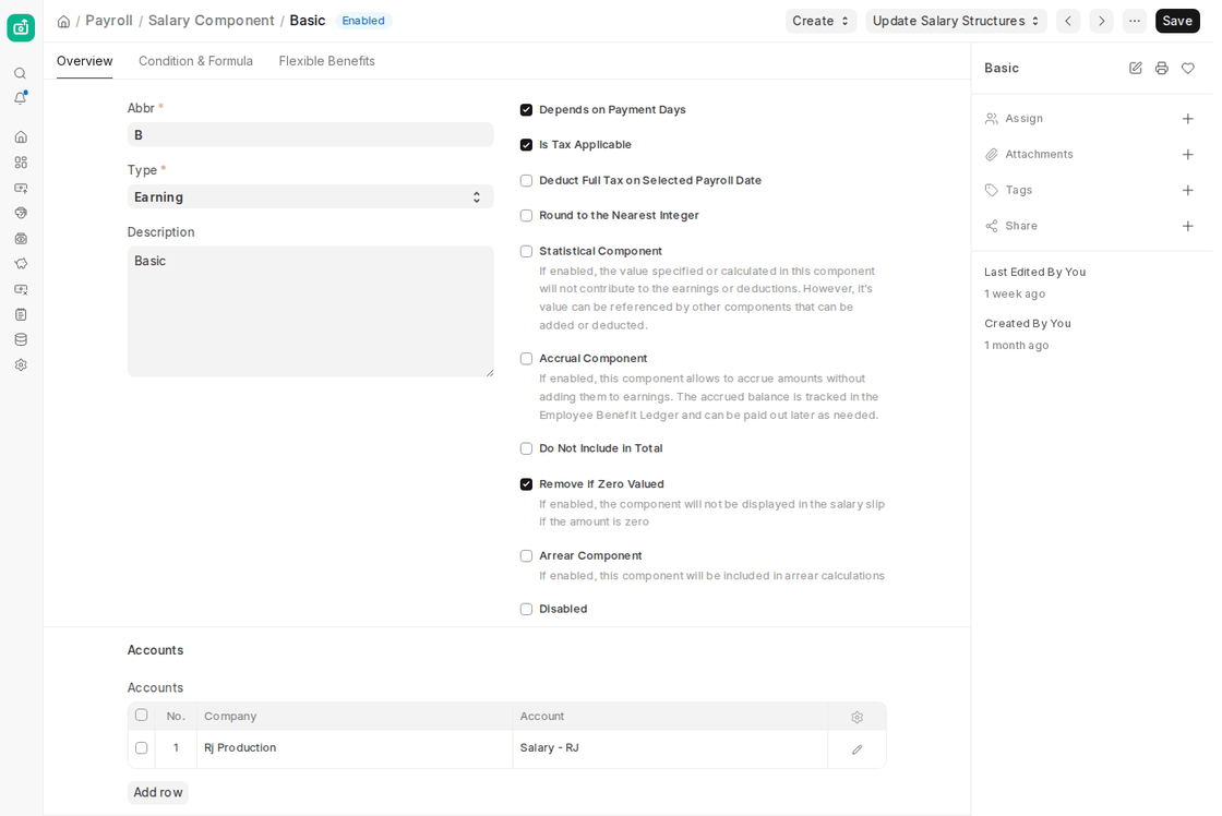 ERPNext v16 Salary Component Basic on the Overview tab with type, component options and the Accounts table