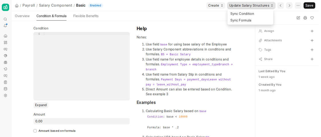 Update Salary Structures menu with Sync Condition and Sync Formula on a Salary Component in ERPNext v16