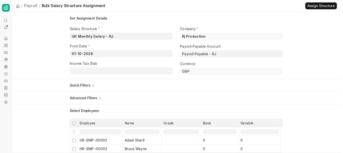 Bulk Salary Structure Assignment tool in ERPNext v16 with filters and the employee selection table