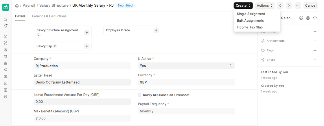 Salary Structure Create menu in ERPNext v16 with Single Assignment, Bulk Assignments and Income Tax Slab