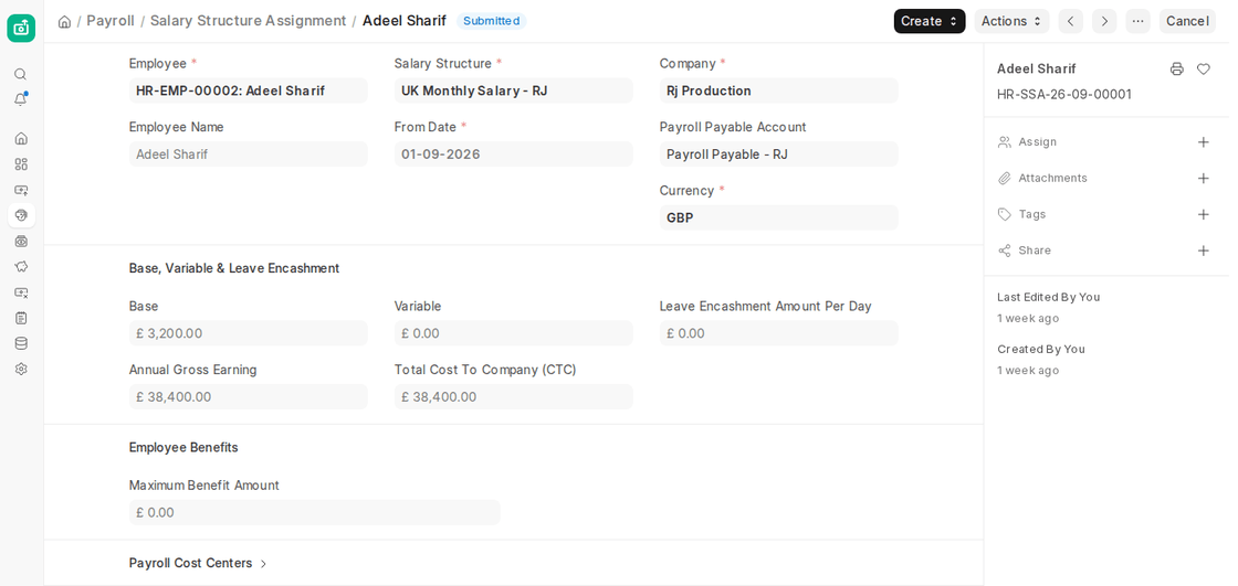 Submitted Salary Structure Assignment in ERPNext v16 with base salary, annual gross earning and CTC