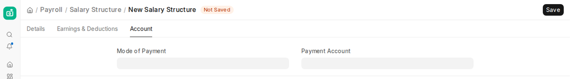 Salary Structure Account tab with Mode of Payment and Payment Account in ERPNext v16