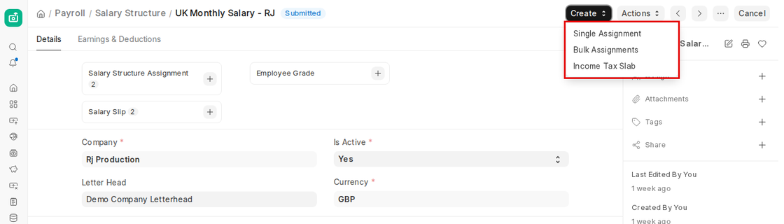 Salary Structure Create menu with Single Assignment, Bulk Assignments and Income Tax Slab in ERPNext v16