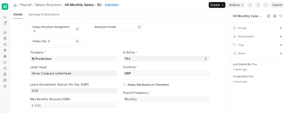 Salary Structure Details tab with company, currency and payroll frequency in ERPNext v16