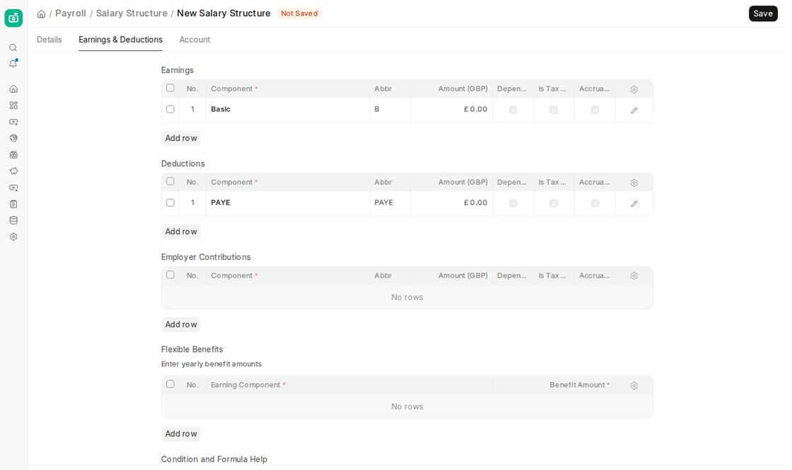 Salary Structure Earnings and Deductions tab with Employer Contributions and Flexible Benefits in ERPNext v16