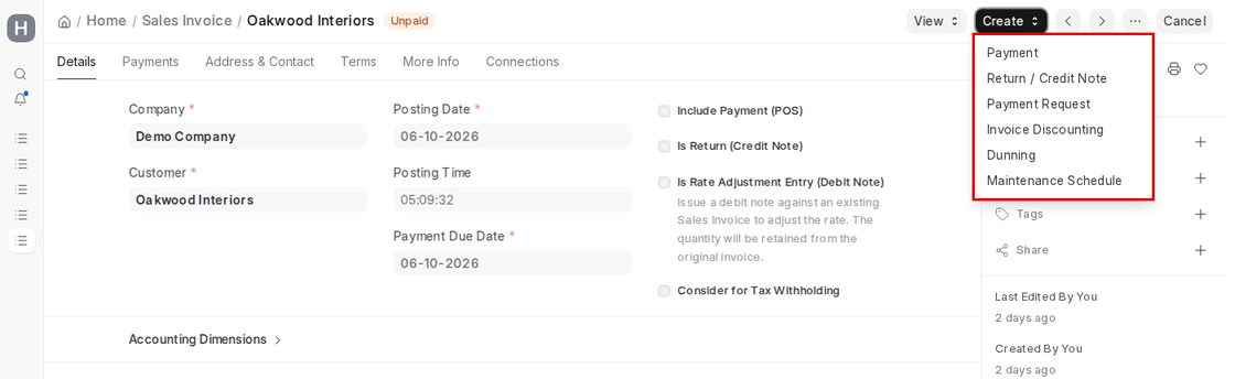 Create menu on a submitted Sales Invoice in ERPNext v16