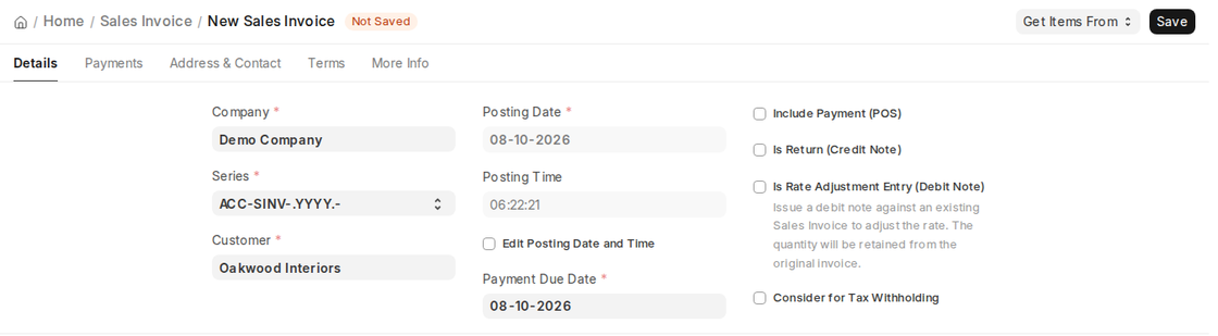New Sales Invoice Details tab with customer, posting date and due date in ERPNext v16