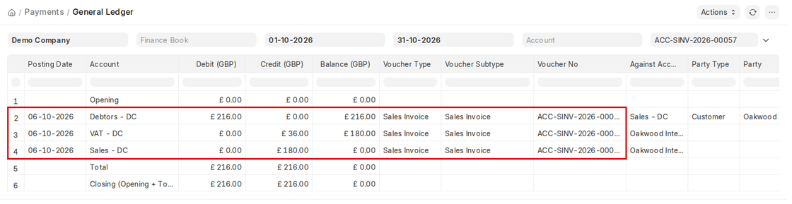 General Ledger entries for a Sales Invoice in ERPNext v16