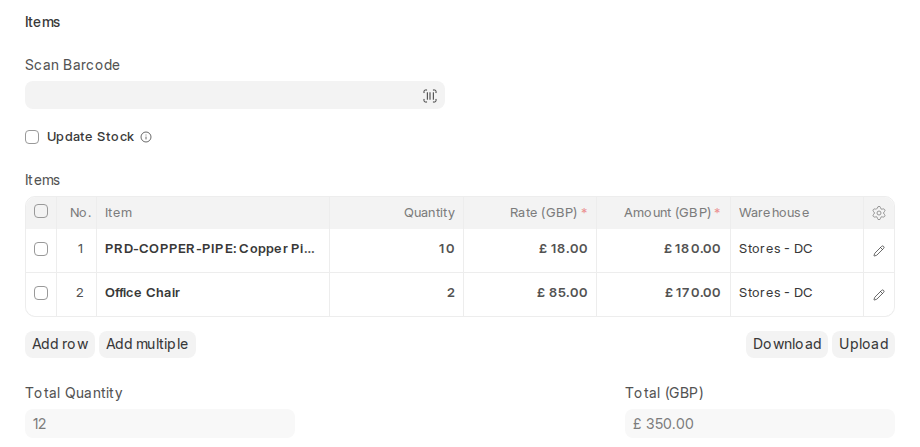 Items table in a new Sales Invoice in ERPNext v16