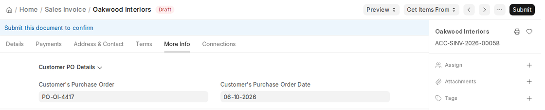 Customer PO Details on the Sales Invoice More Info tab in ERPNext v16