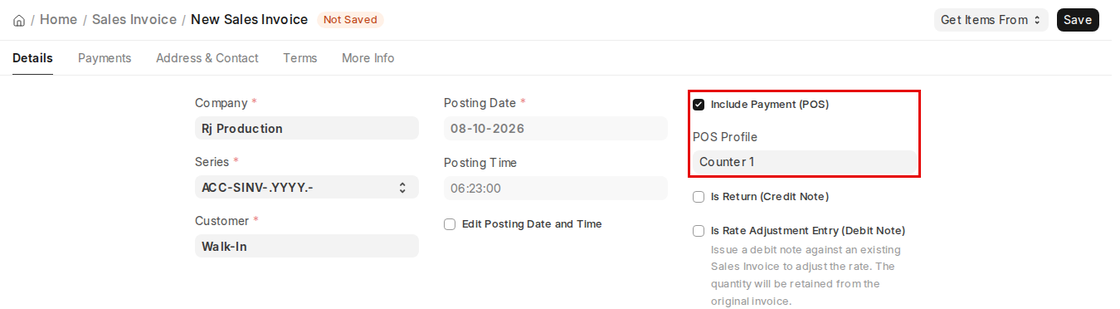Include Payment (POS) and POS Profile on a Sales Invoice in ERPNext v16