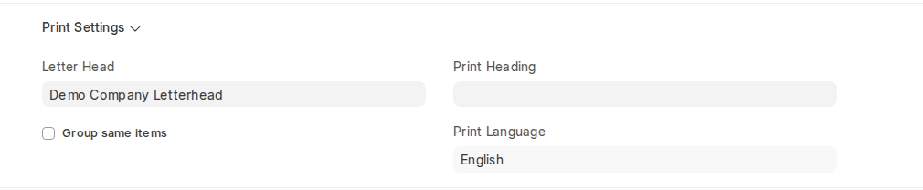 Print Settings section of a Sales Invoice in ERPNext v16