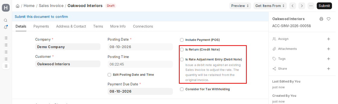 Is Return (Credit Note) and Is Rate Adjustment Entry (Debit Note) options on a Sales Invoice in ERPNext v16