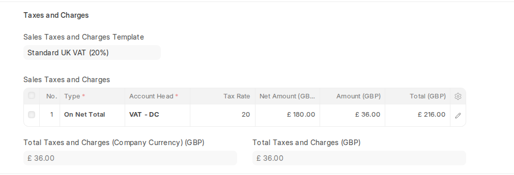 Sales Taxes and Charges table on a Sales Invoice in ERPNext v16