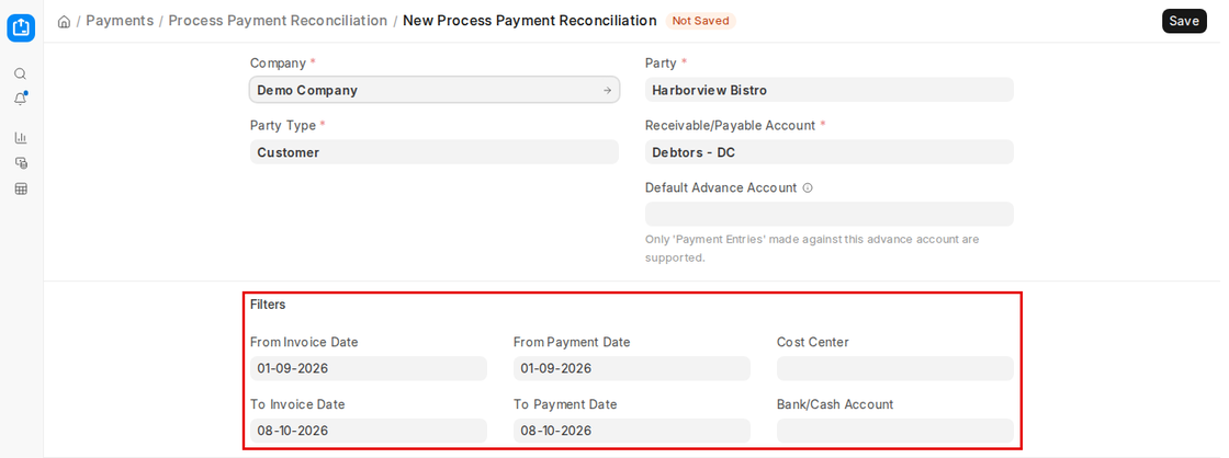 Invoice and payment date filters on Process Payment Reconciliation in ERPNext v16
