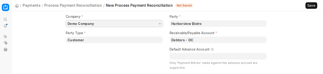 New Process Payment Reconciliation in ERPNext v16 with company, party type, party and receivable account