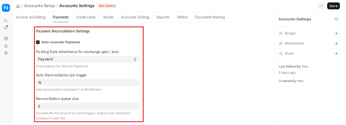 Accounts Settings Payments tab in ERPNext v16 with Auto reconcile Payments, job trigger interval and queue size