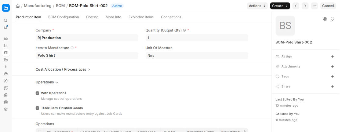 BOM with Track Semi Finished Goods and FG or Semi FG item per operation in ERPNext v16