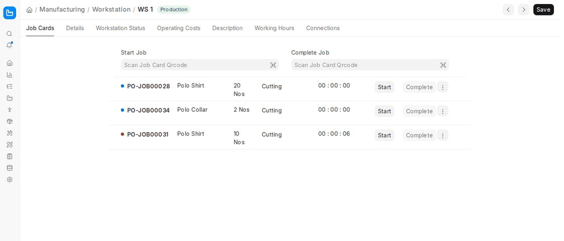 Transferring raw materials for a job card from the workstation dashboard in ERPNext v16