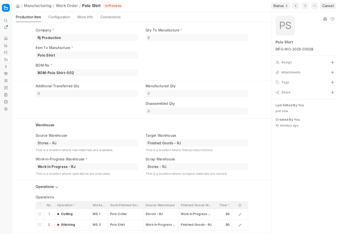Work Order operations with semi finished and finished goods per operation in ERPNext v16