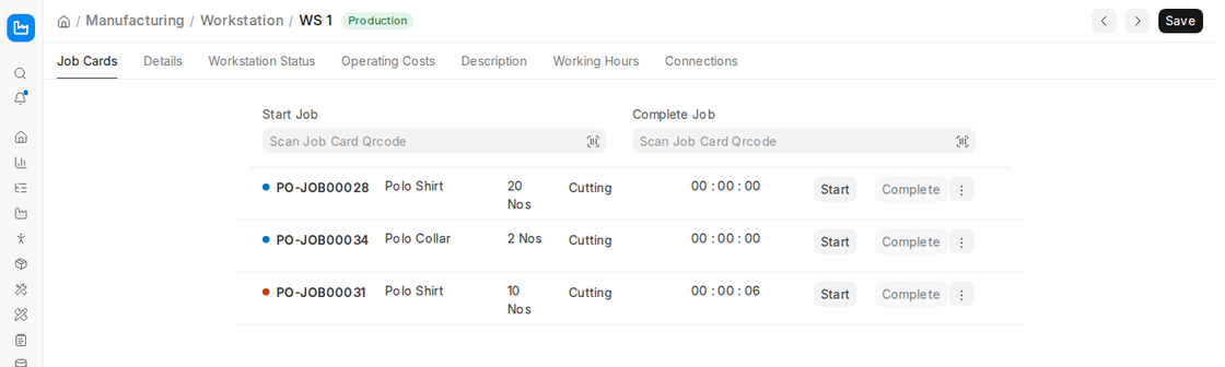 Workstation dashboard listing job cards with Start, Pause and Complete in ERPNext v16