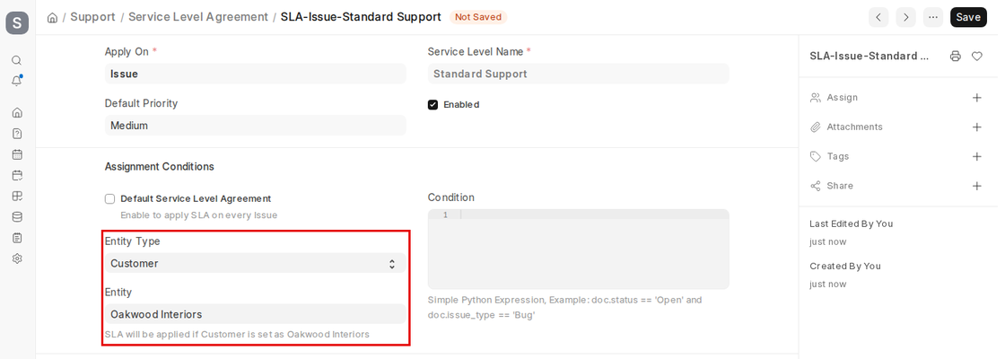 SLA assignment conditions with Entity Type Customer in ERPNext v16