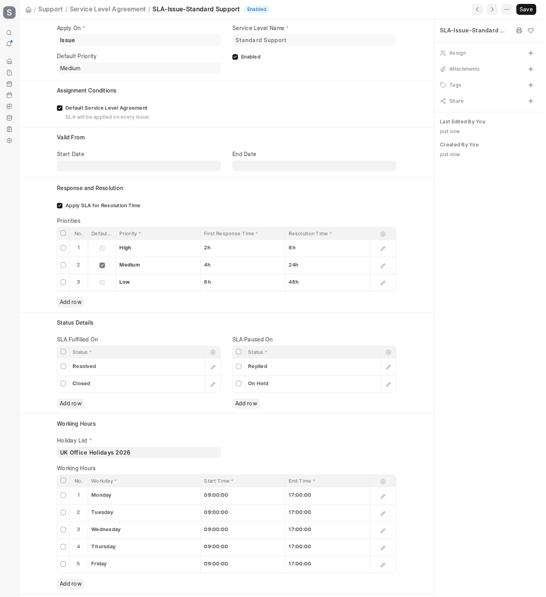 Service Level Agreement form for Issues in ERPNext v16