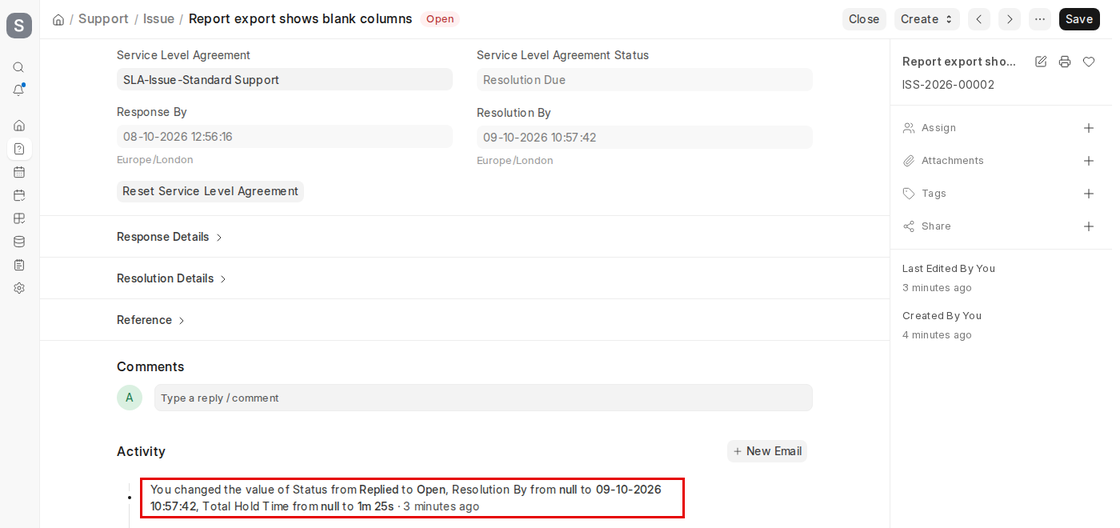 Issue activity showing Total Hold Time and updated Resolution By in ERPNext v16