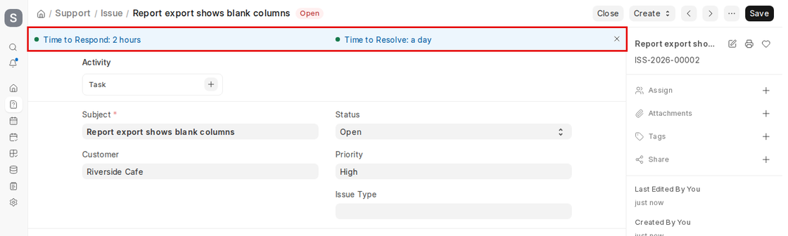 Time to Respond and Time to Resolve indicators on an Issue in ERPNext v16