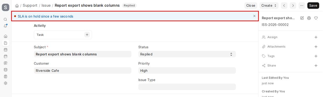 SLA is on hold indicator on a Replied Issue in ERPNext v16