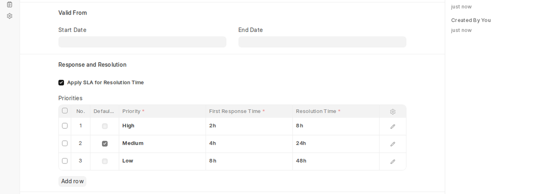 SLA priorities with first response time and resolution time in ERPNext v16