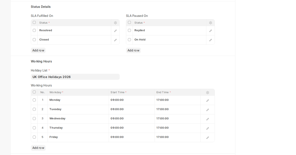 SLA status details, holiday list and working hours in ERPNext v16